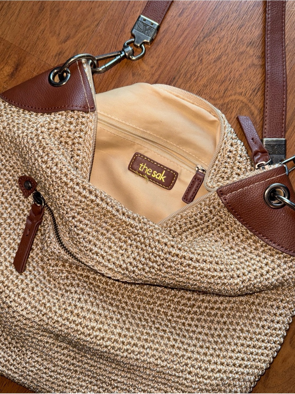The Sak Cream Woven Shoulder Bag with Brown Leather Trim